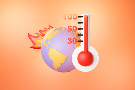Climate change, Earth with high temperature and fire on hot orange background metaphor Global...
