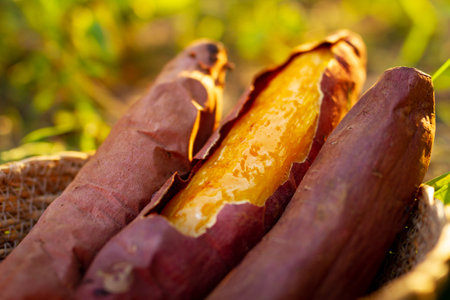 Japanese sweet potato in basketの写真素材