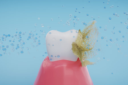 Bubble of toothpaste cleaning dirty gums and teeth to white and healthy. whitening product and Plaque removal concept. 3D rendering.の写真素材
