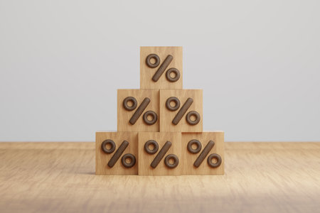 Wooden blocks with percentage symbol on wooden table. 3D renderingの写真素材