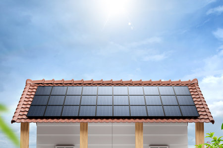 Solar panels on the roof of a house against blue sky with cloudsの写真素材
