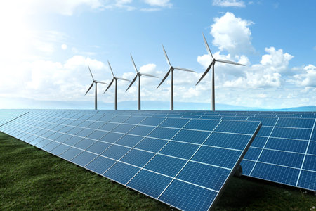 Solar farm and wind turbine at green meadow and blue sky background. green energy and sustainable...
