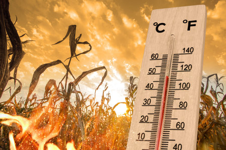 Thermometer on a corn field in the sunset. Global warming concept.
