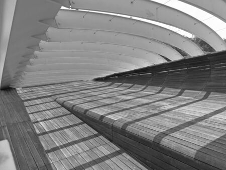 Black and white, Architecture steel structure and wooden floor of the bridge.の写真素材