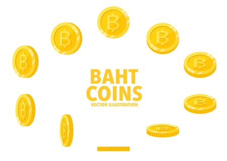 Thai Baht sign gold coin isolated on white background, set of flat icon of coin with symbol at different angles.のイラスト素材
