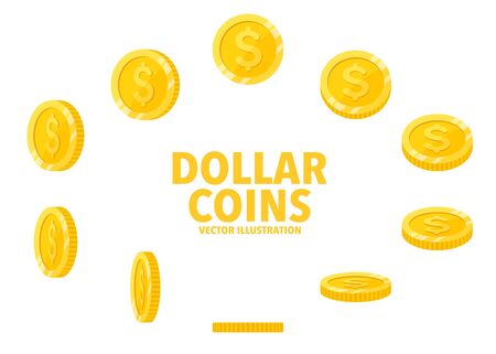 Dollar sign gold coin isolated on white background, set of flat icon of coin with symbol at different angles.のイラスト素材