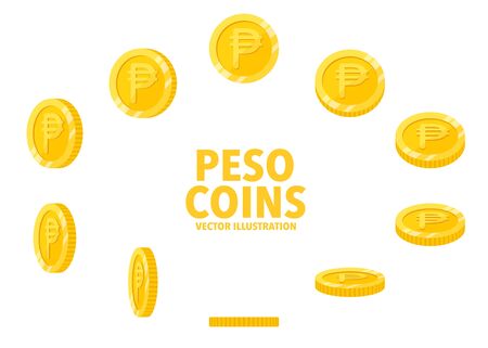 Philippine Peso sign gold coin isolated on white background, set of flat icon of coin with symbol at different angles.のイラスト素材