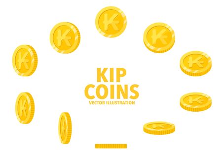 Laos Kip sign gold coin isolated on white background, set of flat icon of coin with symbol at different angles.のイラスト素材