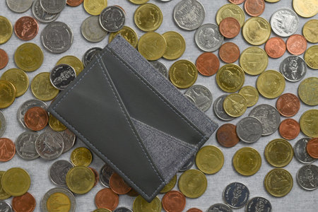 Pocket / card holder place on a pile of Thai Baht coins on gray cement texture background. Financial...