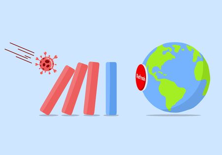 Coronavirus crash bar graph and collapses like a domino to press refresh button of the world. Hit refresh button after falling in economic collapse from COVID-19 pandemic.のイラスト素材
