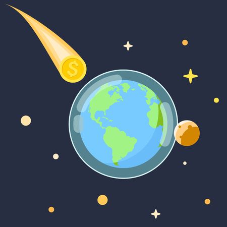 Dollar coin comet going to crash the earth in bubble. US dollar bubble crisis concept.のイラスト素材