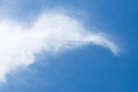 White clouds shaped like head of hummingbird on blue sky. Beautiful naturual background.