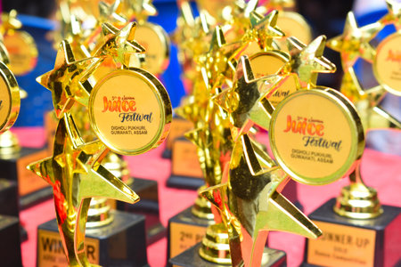 A table full of trophies to be distributed to the winner at competition on 5th Jeevan Juice festivalのeditorial素材