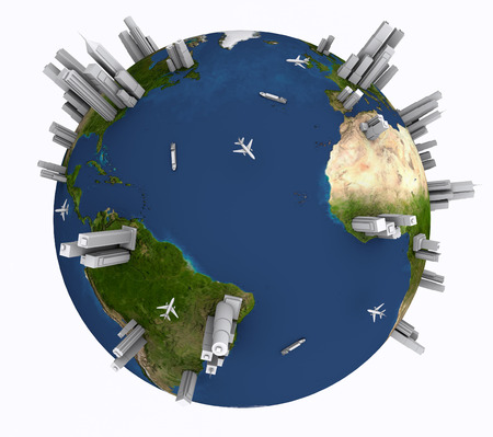 Earth with ships, planes and skyscrapersの写真素材