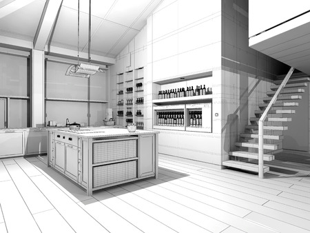 Modern Kitchen / 3D wireframe modelの写真素材