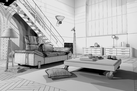 Modern Loft / 3D wireframe modelの写真素材