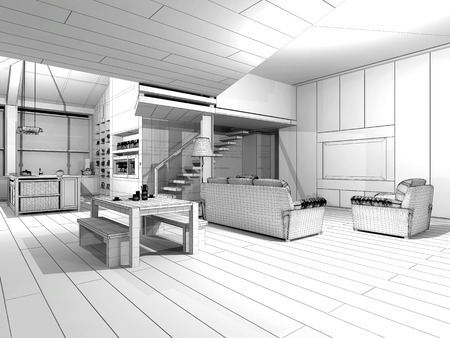 Modern Loft / 3D wireframe modelの写真素材