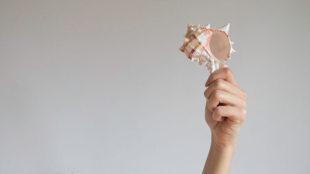 Hand holds spiral striped seashell on a light gray background