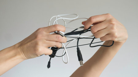 Black and white cables in a woman's hand on isolated background