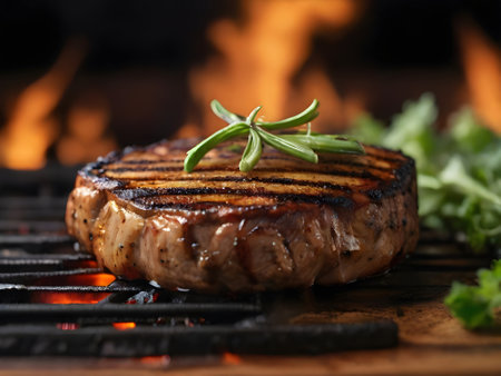 Grilled steak with rosemary on wooden board, closeup viewの素材