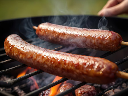 Grilling sausages on barbecue grill in summer, closeupの素材
