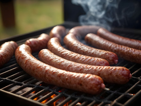 Grilling sausages on barbecue grill with smoke, closeupの素材