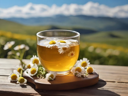 Cup of chamomile tea on wooden table in mountainsの素材