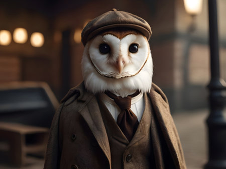 Owl in a brown jacket and a beret on the streetの素材