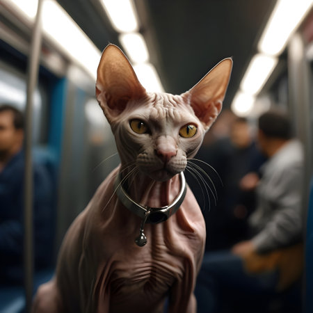Portrait of a sphynx cat in a subway carの素材