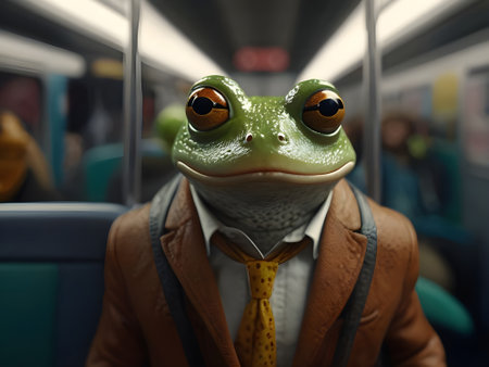 Frog in the subway. A frog in a jacket and tie.の素材