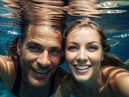 Happy young couple underwater in swimming pool. Looking at camera and smiling.の素材
