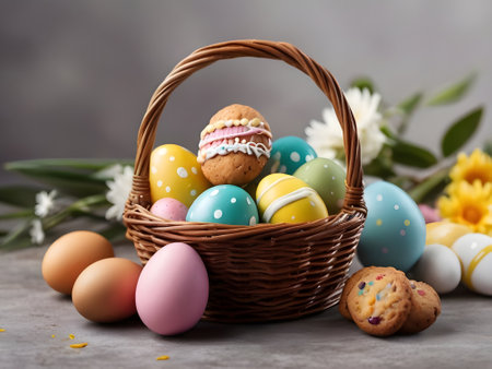 Basket with easter eggs and cookies on table, closeupの素材