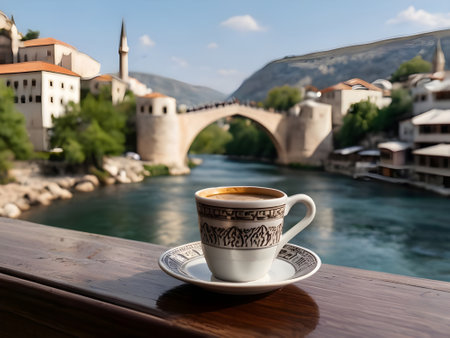 Cup of coffee on the background of the old bridge in Mostar, Bosnia and Herzegovinaの素材
