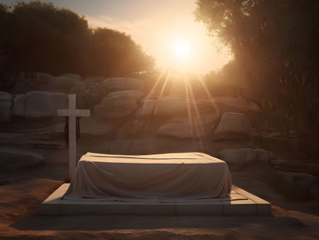 3d rendering of a grave with a pillow and a cross in the middle of the forestの素材