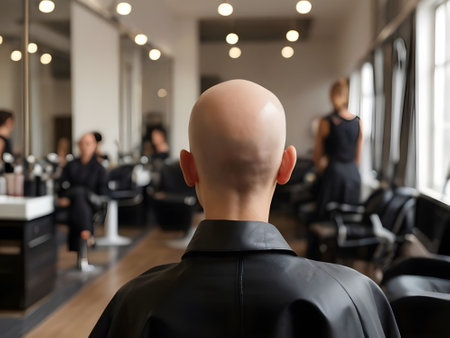 Back view of a bald man in a hairdressing salon.の素材