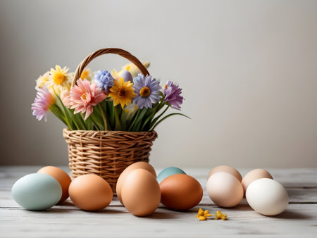 Easter eggs and spring flowers in a basket on a white wooden tableの素材