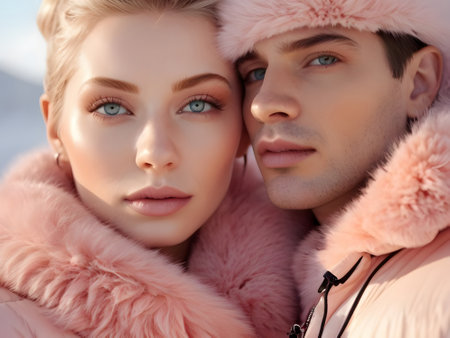 fashion outdoor photo of beautiful couple with blond hair in luxurious fur coatsの素材