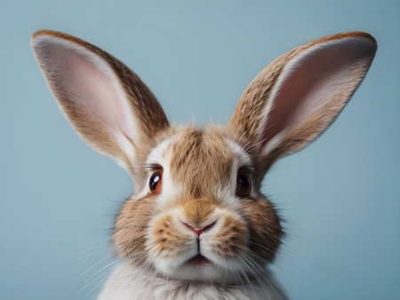 Close-up portrait of a cute rabbit on a blue background.の素材