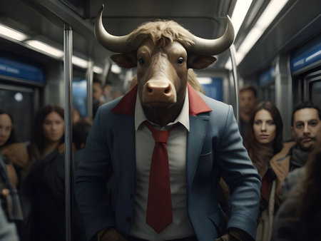 Businessman with bull in a subway train. Toned image.の素材