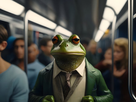 Frog in the train. Businessman with a frog in the train.の素材