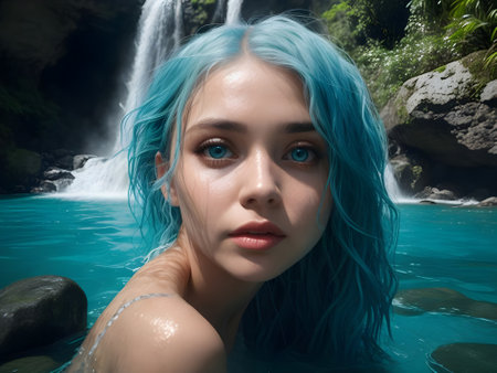 Beautiful young woman with blue hair in the pool with a waterfallの素材
