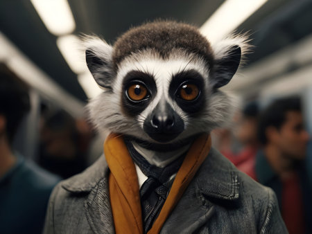 Portrait of lemur in the subway. Toned image.の素材