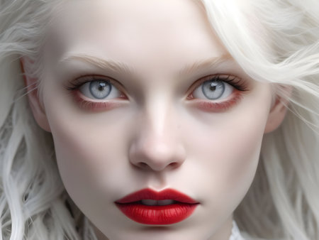 3d rendering of a female doll with red lips and white hairの素材