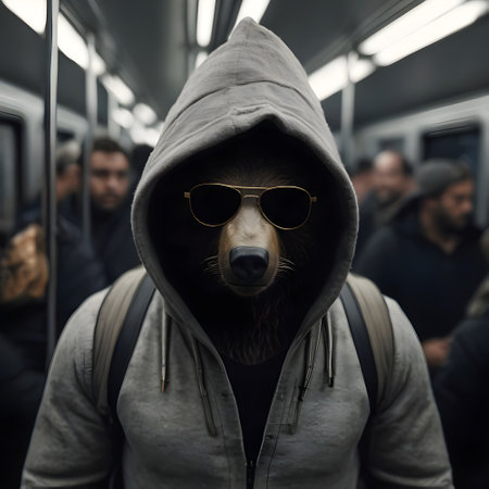 Portrait of a bear in a subway car, with a hoodの素材