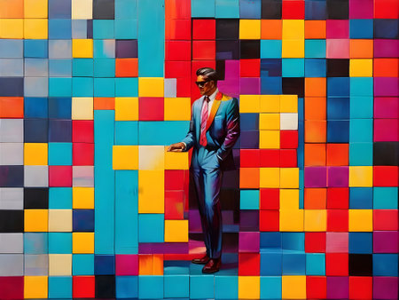 Stylish african american man in a suit and sunglasses standing in front of a colorful mosaic wall.の素材