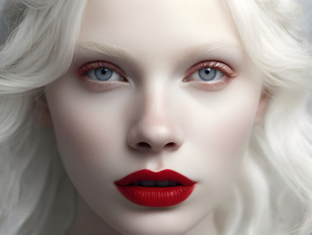Portrait of a beautiful blond woman with red lips and white hairの素材