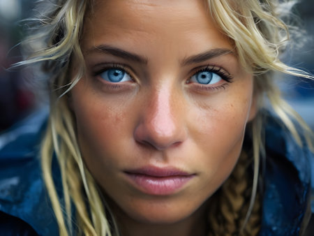 Portrait of a beautiful young woman with blond hair and blue eyesの素材