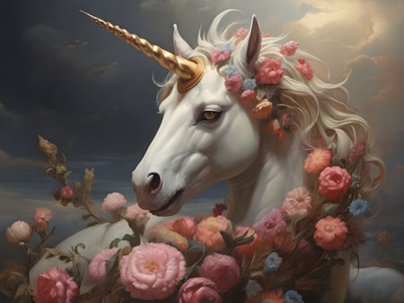 White unicorn with long mane and pink flowers. Digital painting.の素材
