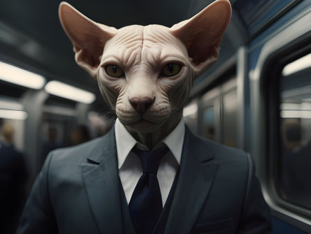 The Sphynx cat in a suit and tie on the trainの素材