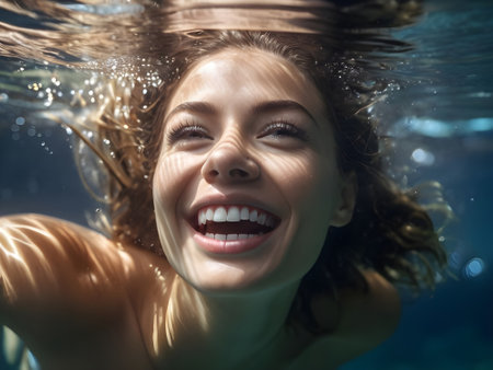Portrait of a young woman underwater in the pool looking at camera.の素材